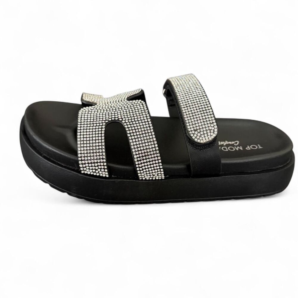 TOP Moda Women's Black and Silver Rhinestone Sandals Size 7